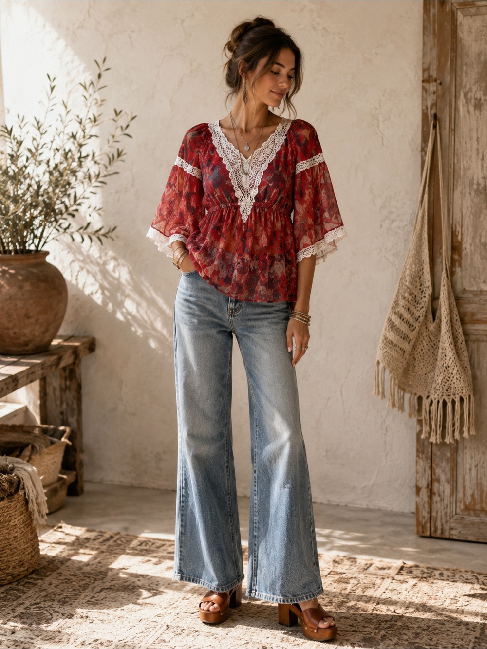 Free People Crimson Floral Lace-Trim Peasant Blouse